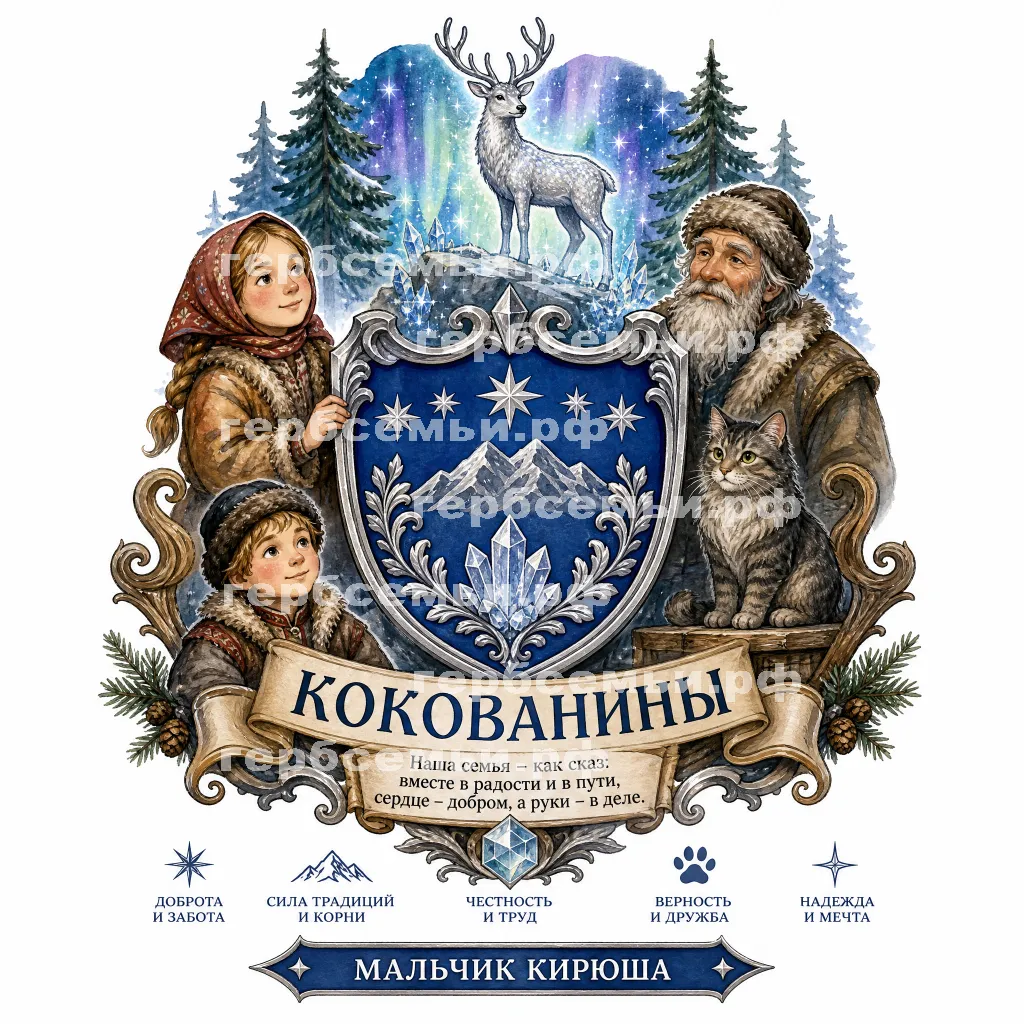 Герб семьи Создать герб на фоне сказка Павла Петровича Бажова Серебряное Копытце девочка Дарёнка, дед Кокованя и кошка Мурёнка #43162
