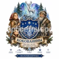Герб семьи Создать герб на фоне сказка Павла Петровича Бажова Серебряное Копытце девочка Дарёнка, дед Кокованя и кошка Мурёнка