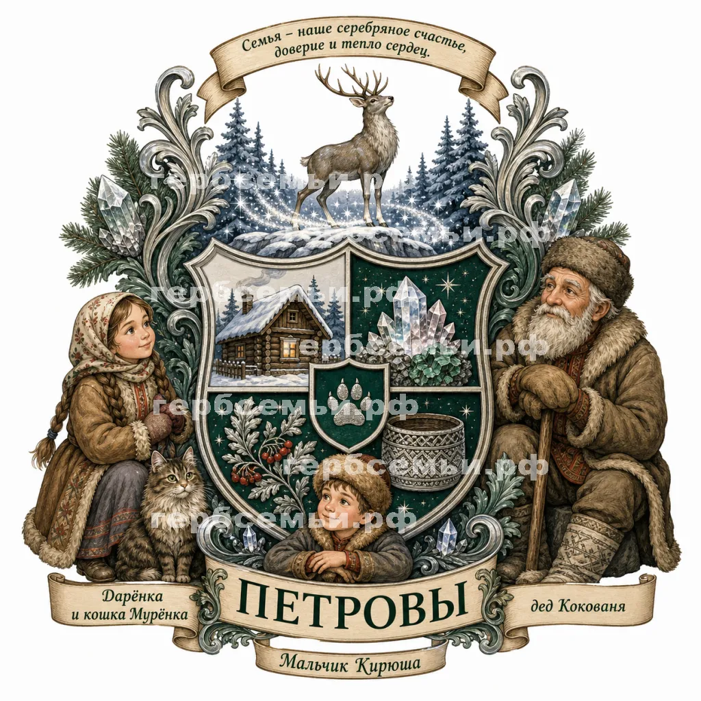 Герб семьи Создать герб на фоне сказка Павла Петровича Бажова Серебряное Копытце девочка Дарёнка, дед Кокованя и кошка Мурёнка #43163