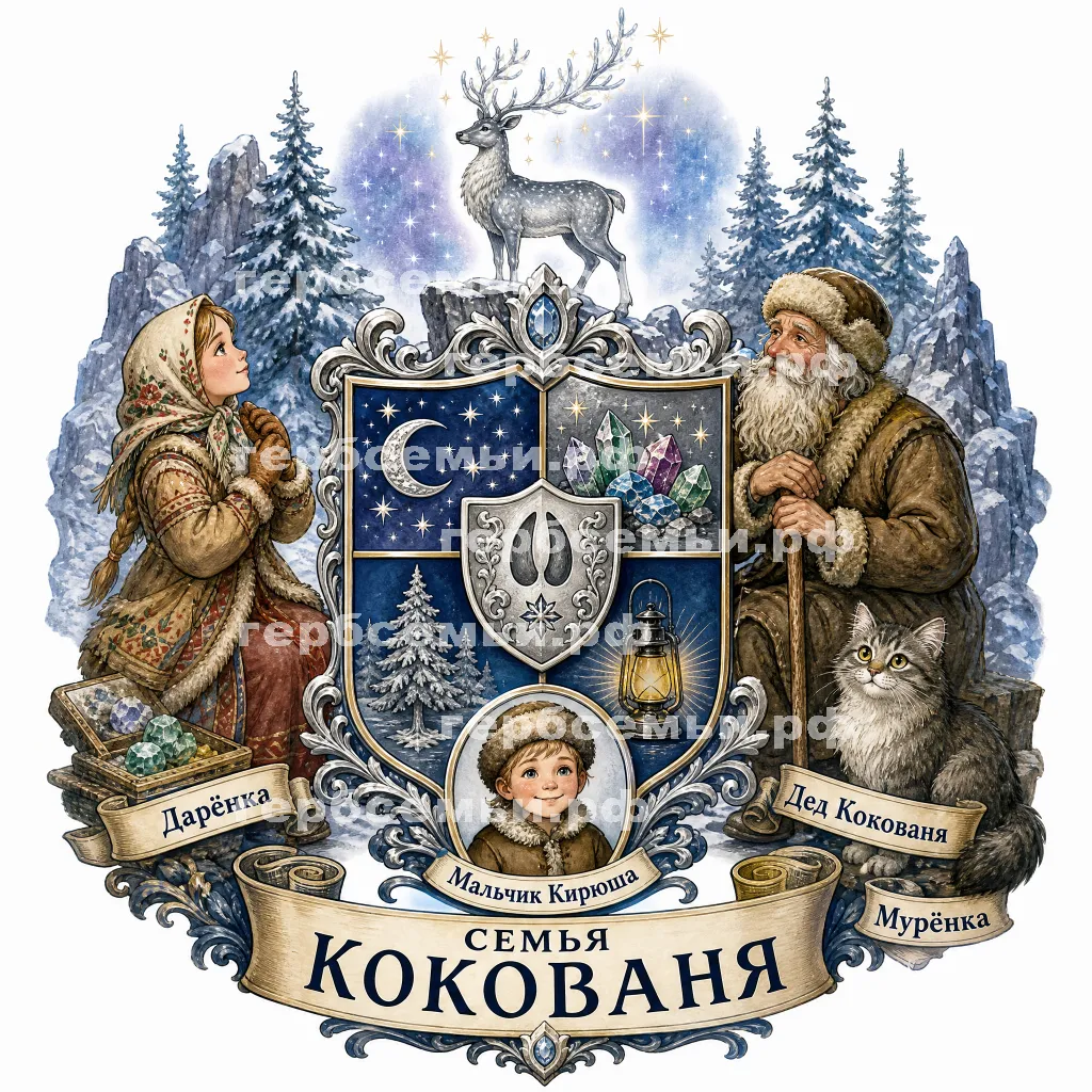 Герб семьи Создать герб на фоне сказка Павла Петровича Бажова Серебряное Копытце девочка Дарёнка дед Кокованя и кошка Мурёнка #43164