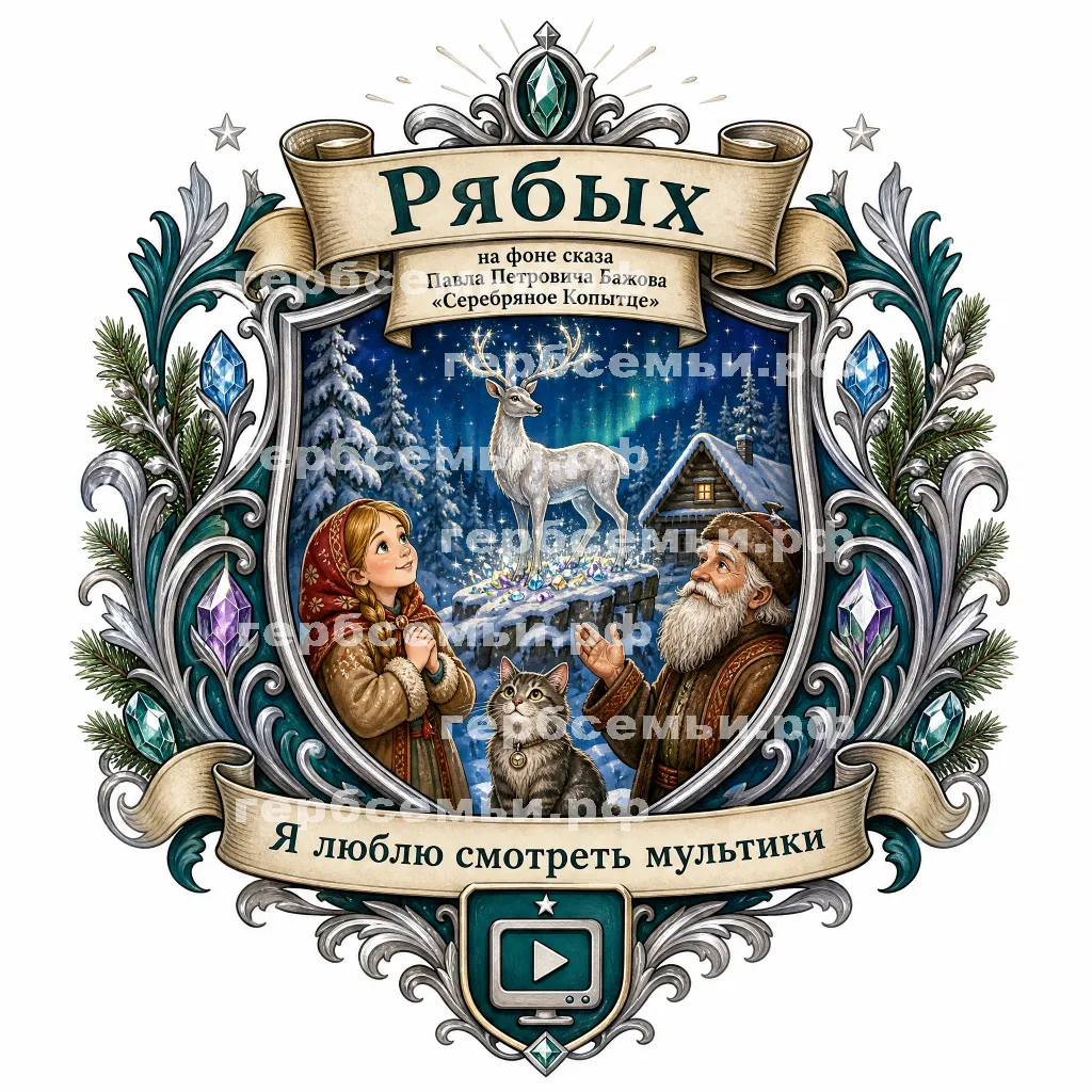Герб семьи Рябых на фоне сказа Павла Петровича Бажова Серебряное Копытце девочка Дарёнка, дед Кокования и кошка Мурёнка #43172