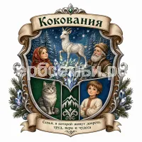 Гербы семьи Создать герб семьи на фоне сказа Павла Петровича Бажова Серебряное Копытце девочка Дарёнка, дед Кокования, кошка Мурёнка и козлик серебряное копытце