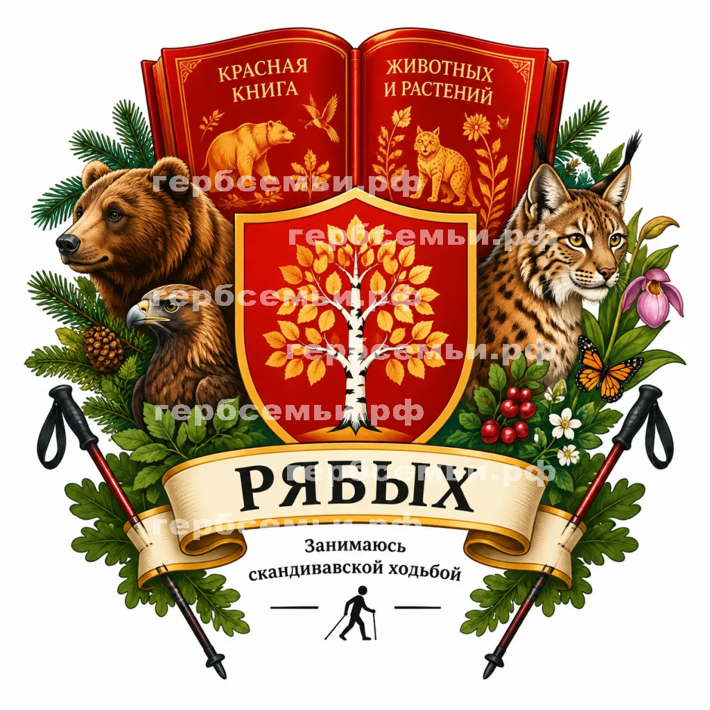 Герб семьи Рябых на фоне красной книги животных и растений #43268