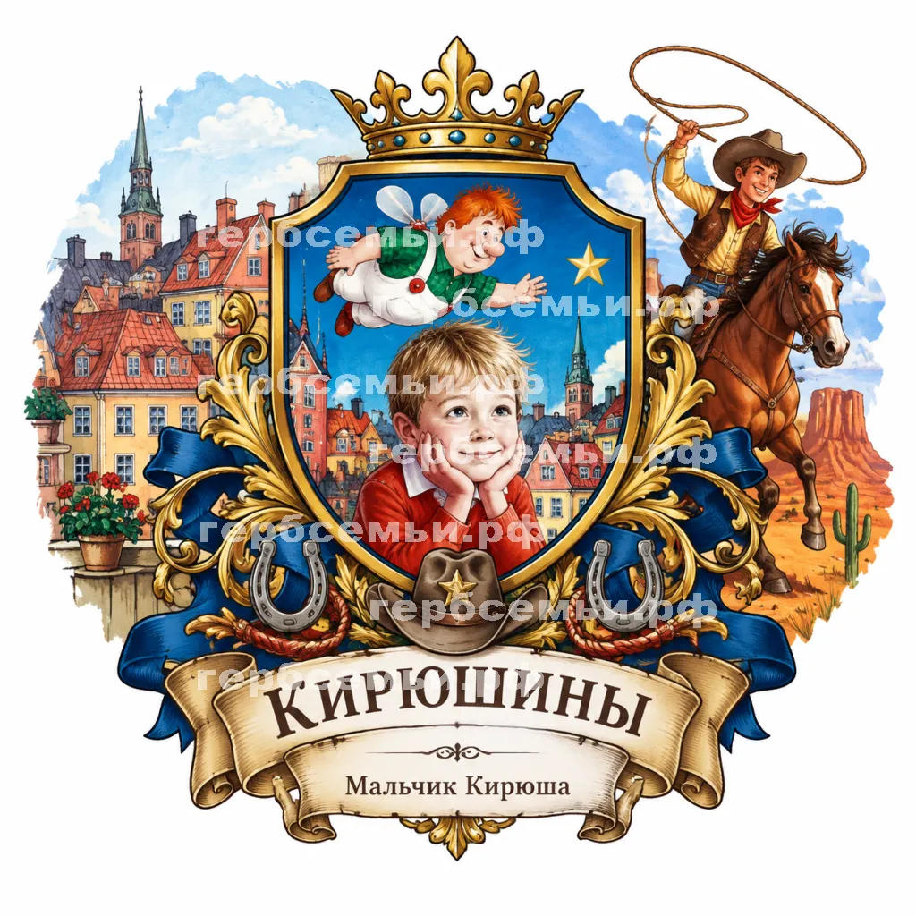 Герб семьи Создать герб на фоне сказки Астрид Линдгрен Малыш и Карлсон и американской сказки ковбой Пекос Билл #43272