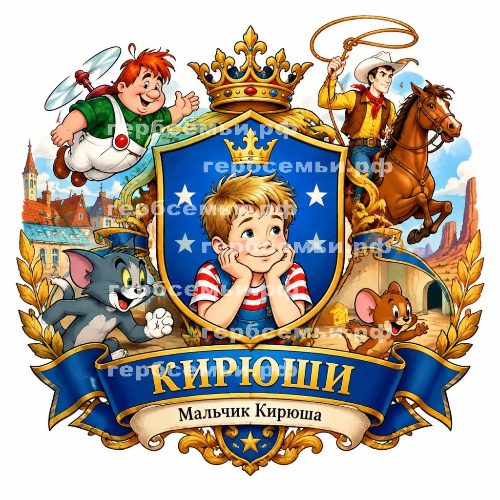 Герб семьи Создать герб на фоне сказки Астрид Линдгрен Малыш и Карлсон, американской сказки ковбой Пекос Билл и мультика Том и Джерри #43273