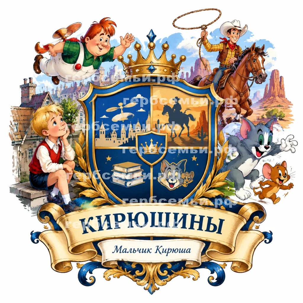 Герб семьи Создать герб на фоне сказки Астрид Линдгрен Малыш и Карлсон, американской сказки ковбой Пекос Билл и мультика Том и Джерри #43274