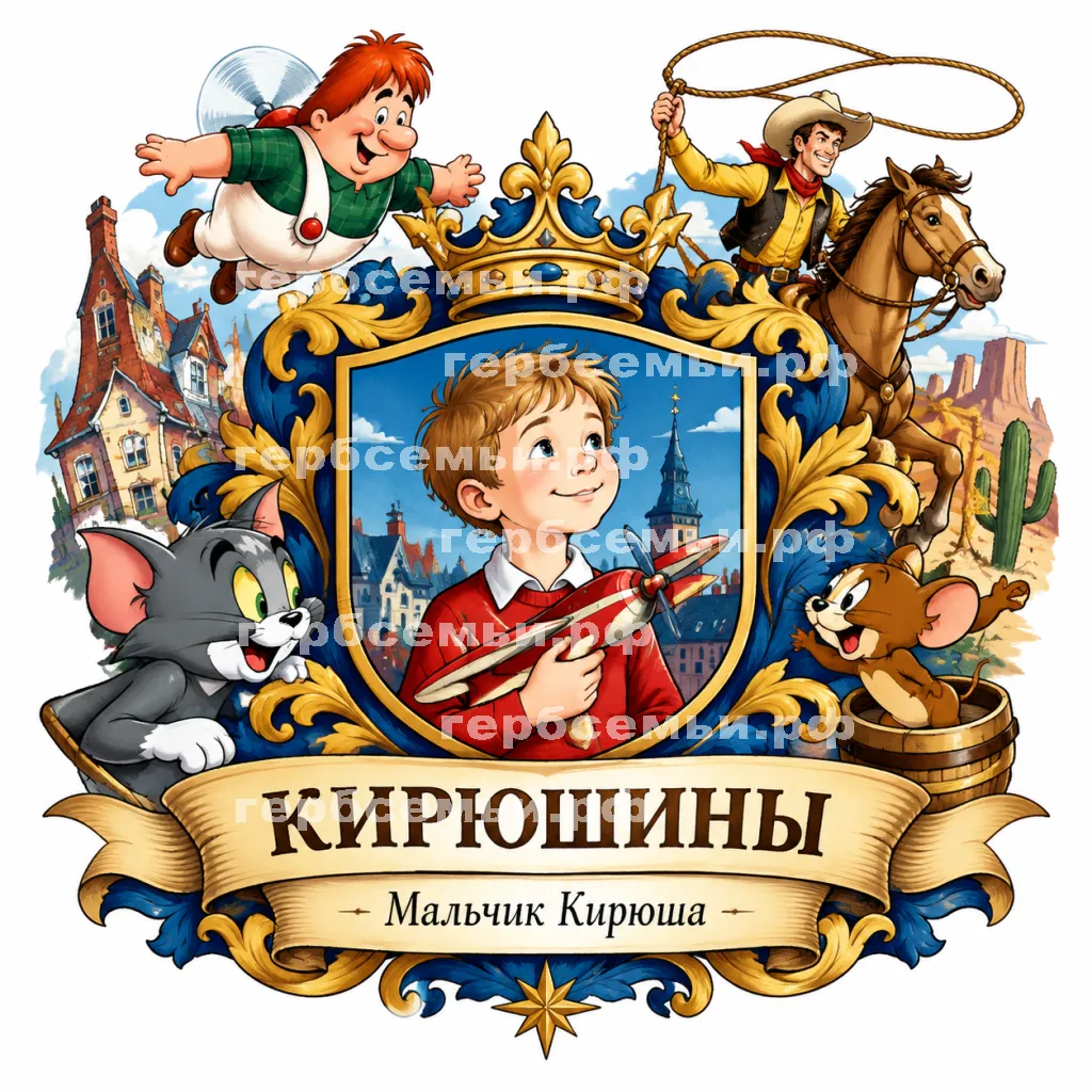 Герб семьи Создать герб на фоне сказки Астрид Линдгрен Малыш и Карлсон, американской сказки ковбой Пекос Билл и мультика Том и Джерри #43275