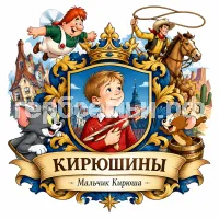 Герб семьи Создать герб на фоне сказки Астрид Линдгрен Малыш и Карлсон, американской сказки ковбой Пекос Билл и мультика Том и Джерри