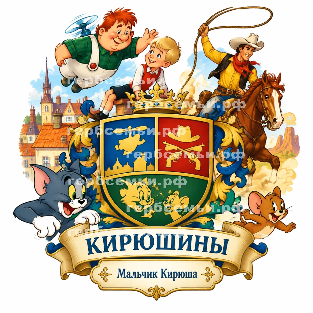 Герб семьи Создать герб на фоне сказки Астрид Линдгрен Малыш и Карлсон, американской сказки ковбой Пекос Билл и мультика Том и Джерри #43276