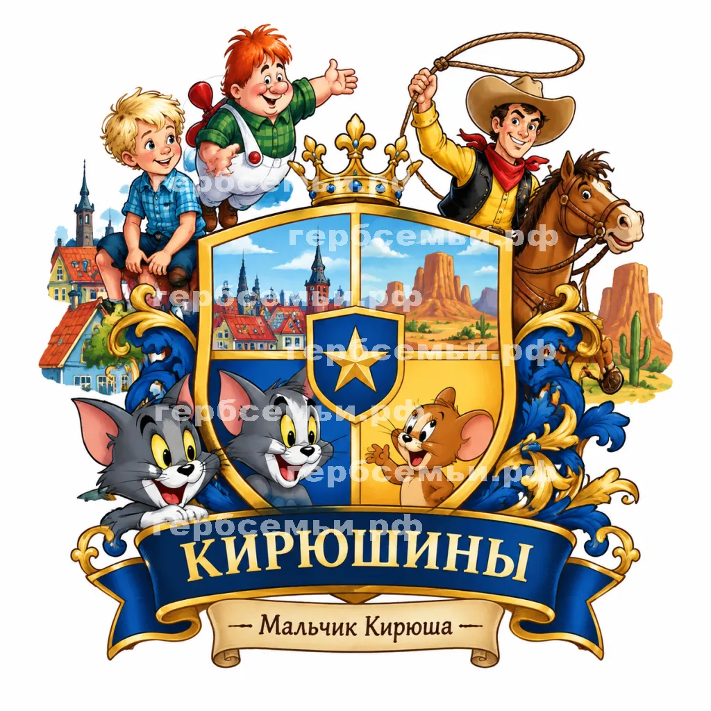 Герб семьи Создать герб на фоне сказки Астрид Линдгрен Малыш и Карлсон, американской сказки ковбой Пекос Билл и мультика Том и Джерри #43277