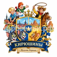 Гербы семьи Создать герб на фоне сказки Астрид Линдгрен Малыш и Карлсон, американской сказки ковбой Пекос Билл и мультика Том и Джерри