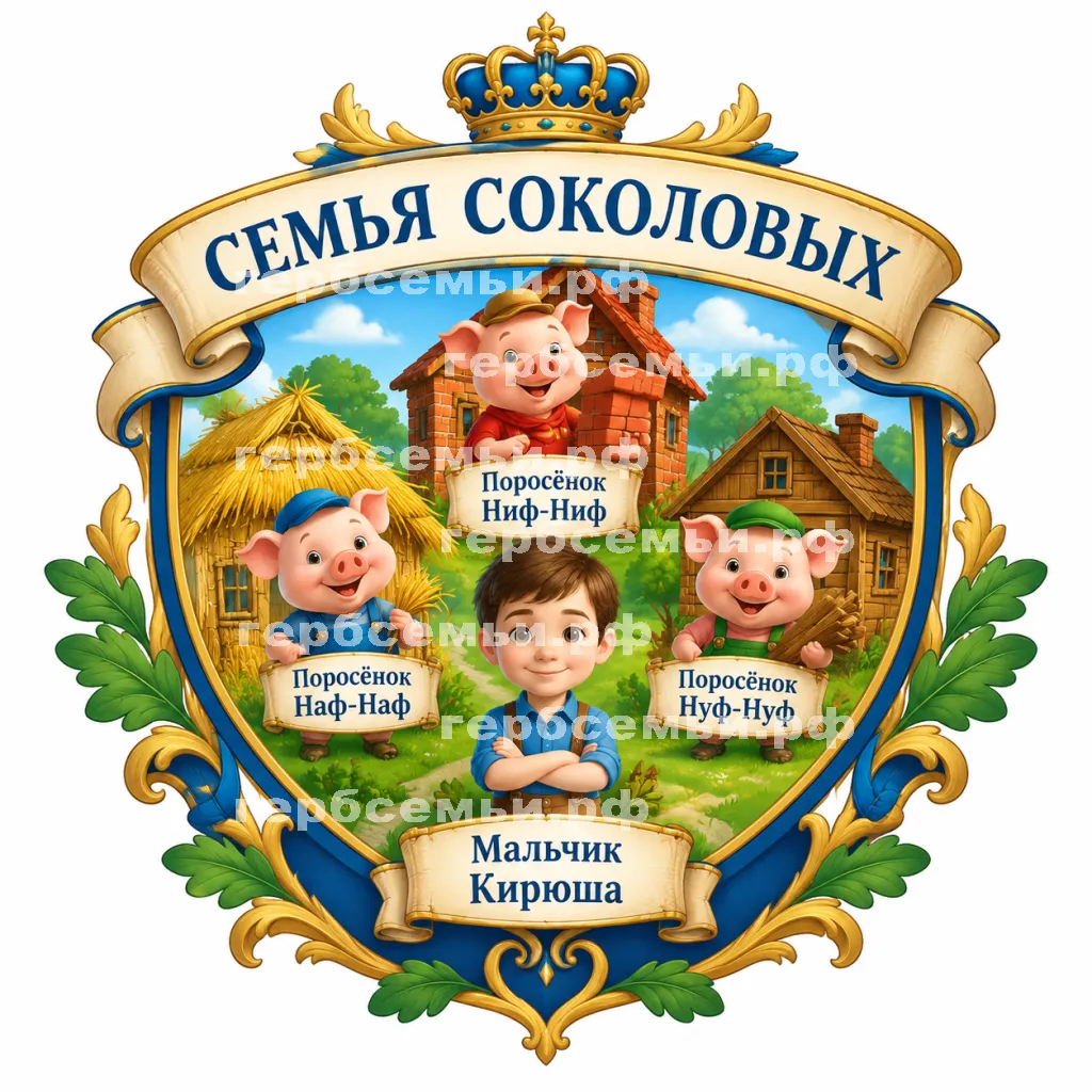 Герб семьи Создать герб на фоне английской сказки три поросёнка(The Theree Little pigs) с именами и домиками #43305