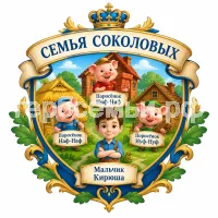Герб семьи Создать герб на фоне английской сказки три поросёнка(The Theree Little pigs) с именами и домиками