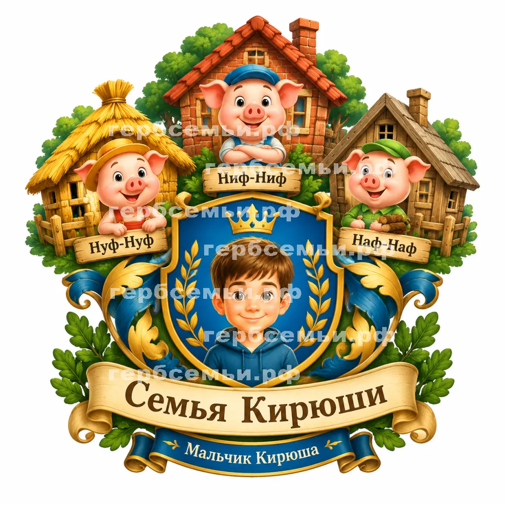 Герб семьи Создать герб на фоне английской сказки три поросёнка(The Theree Little pigs) с именами и домиками #43306