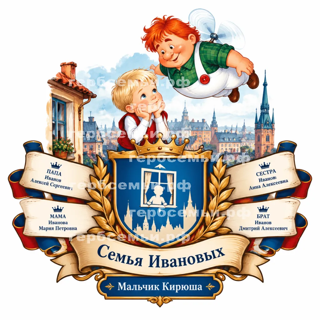 Герб семьи Создать герб на фоне сказки Астрид Лингрен малыш и карлсон. Семья малыша с именами фамилиями и настоящее имя фамилия малыша #43307