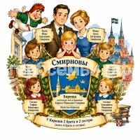 Гербы семьи Создать герб на фоне шведкой сказки Астрид Лингрен малыш и карлсон. Семья малыша мама папа братья и сестры с именами и фамилиями и настоящее имя фамилия малыша и сколько у него братьев и сестер