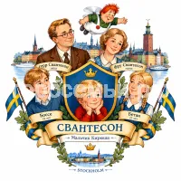 Гербы семьи Создать герб на фоне шведской сказки Астрид Линдгрен Малыш и Карлсон. Папа герр Свантесон, мама фру Свантесон, брат Боссе 14 лет, сестра Бетан 13 лет и Сванте Свантесон. Город Стокгольм Швеция