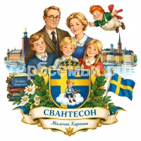 Гербы семьи Создать герб на фоне шведской сказки Астрид Линдгрен Малыш и Карлсон. Папа герр Свантесон, мама фру Свантесон, брат Боссе 14 лет, сестра Бетан 13 лет и Сванте Свантесон. Город Стокгольм Швеция. Шведская писательница Астрид Линдгрен.