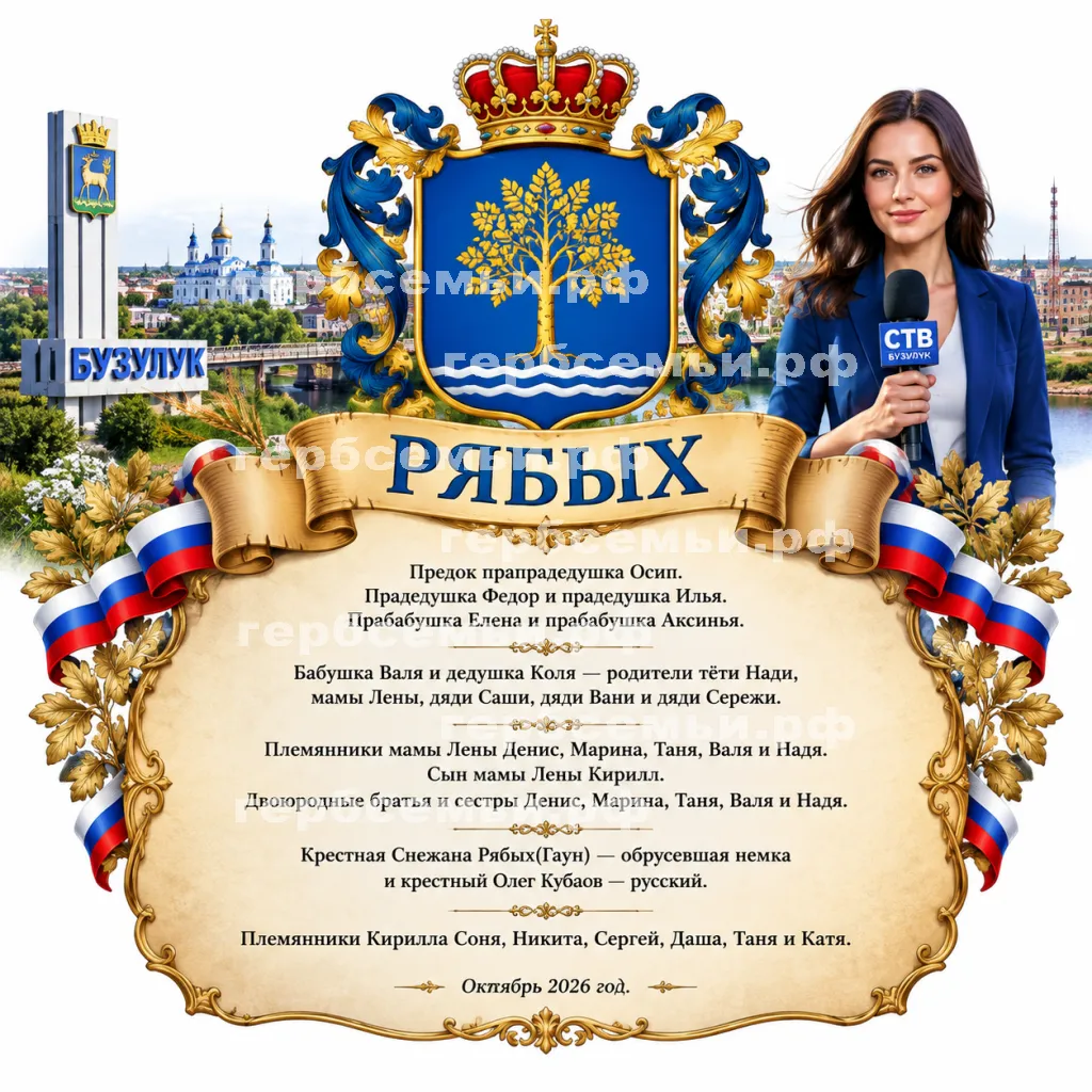 Герб семьи Рябых на фоне города Бузулука Оренбурга и девушки корресподента СТВ Бузулук. Октябрь 2026 год. #43608