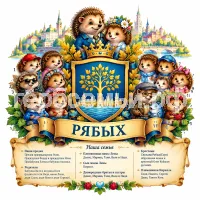 Гербы семьи Рябых на фоне города светлоёжиков 1. Пыхих 2.Звездочка 3.Элвис 4. Акварелька 5. Шустик 6. Глаша 7.Светлик 8 и 9.Ежео и Ежета 10. Дедушка Еж и рыбка Буль 11. Малинка