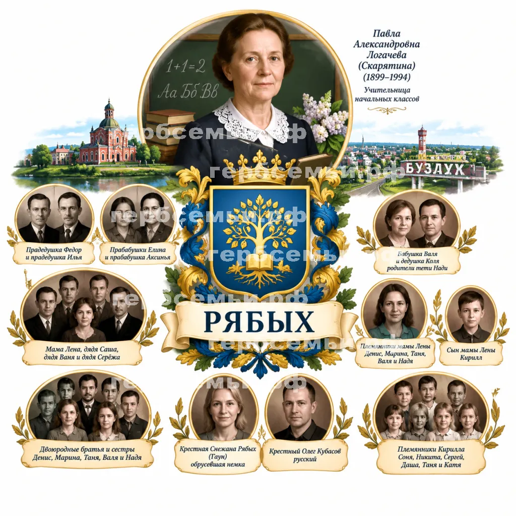 Герб семьи Рябых на фоне учительницы начальной школы Павлы Александровны Логачевой(Скарятиной) (1899-1994) на фоне города Бузулука #43653