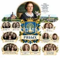 Гербы семьи Рябых на фоне учительницы начальной школы Павлы Александровны Логачевой(Скарятиной) (1899-1994) на фоне города Бузулука