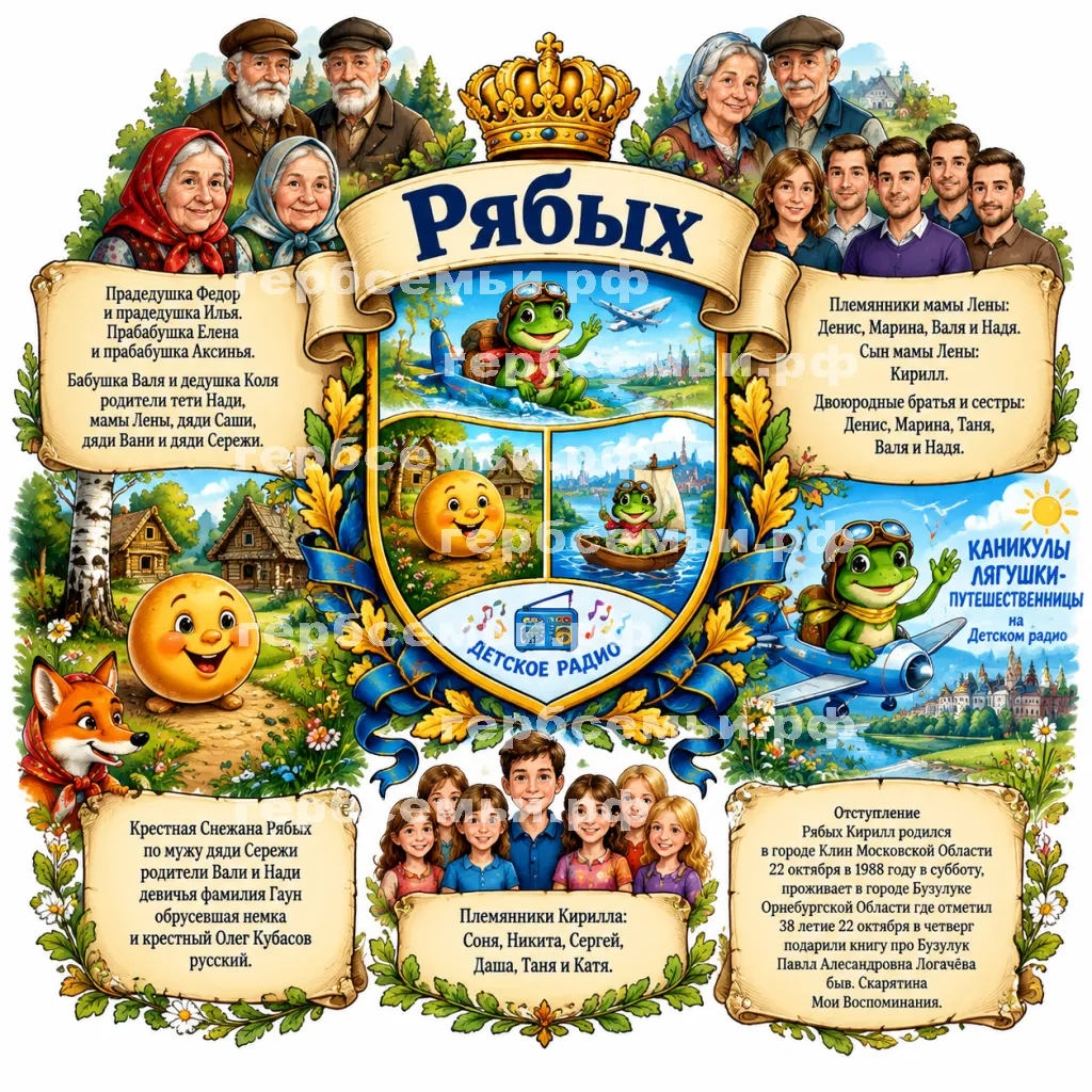 Герб семьи Рябых фоне русских народных сказок колобок и лягушка-путешественница и каникулы лягушки-путешественницы на детском радио #43657
