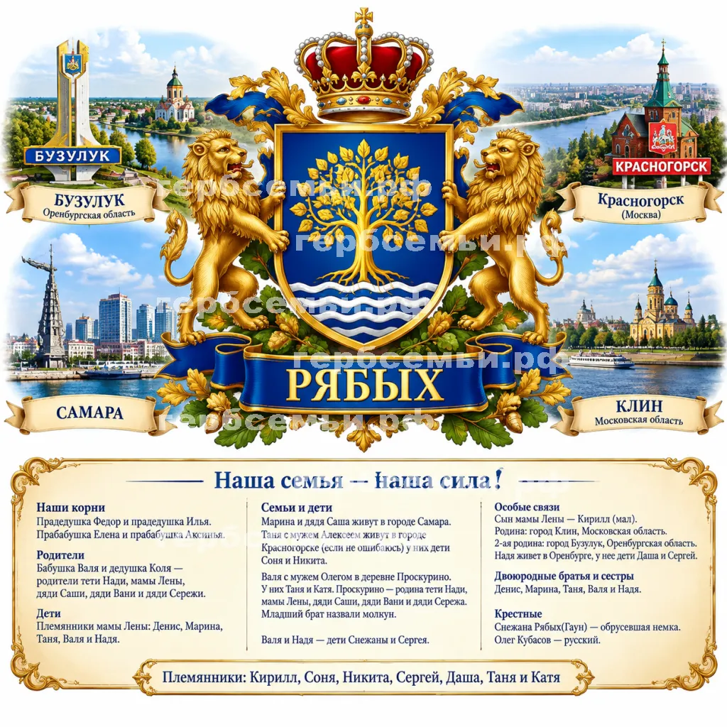 Герб семьи Рябых фоне города Бузулука Оренбугрской Области, города Красногорска(Москвы) и города Самара #43658