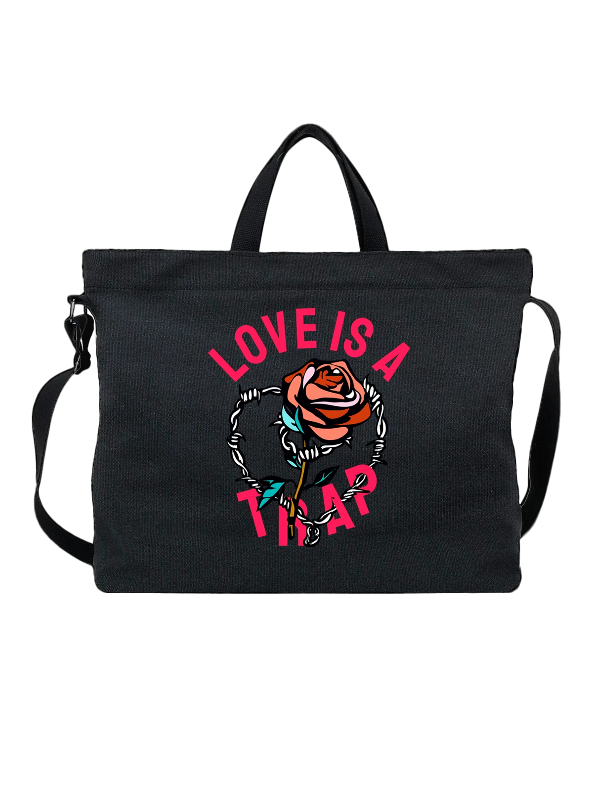 Сумка Роза с надписью love is a trap чёрная с принтом — подарок любимой — Чёрная, фото 1