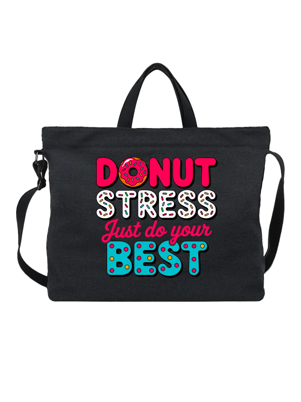 Сумка чёрная с принтом Donut Stress Best с пончиком — сладкий десерт — Чёрная, фото 1