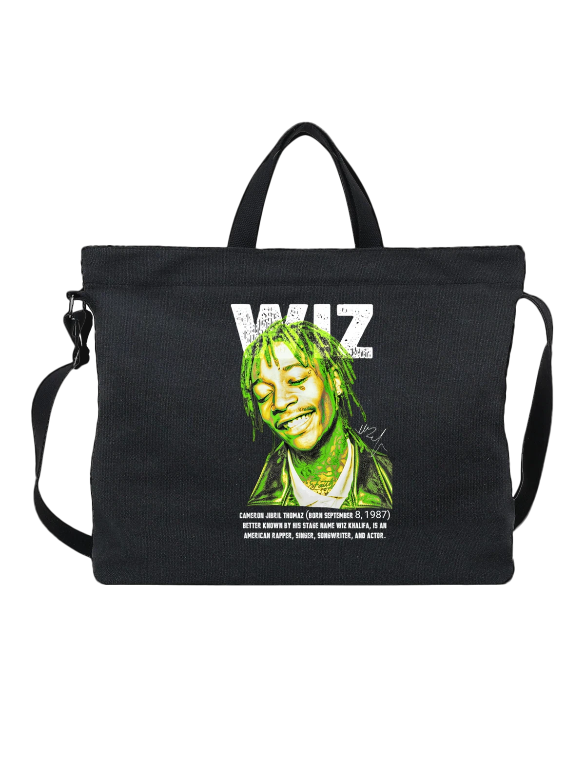 Сумка чёрная с принтом Wiz Khalifa рэпер портрет в зелёных тонах — американский рэпер — Чёрная, фото 1
