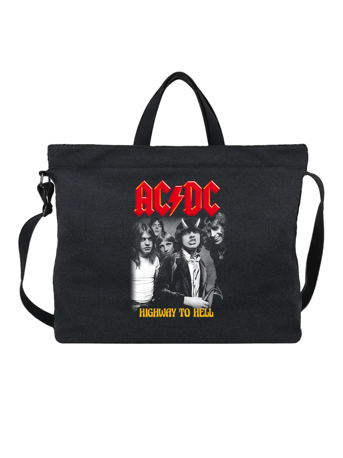 Сумка AC/DC с красным логотипом рок группы чёрная с принтом — мерч AC/DC — Чёрная, фото 1