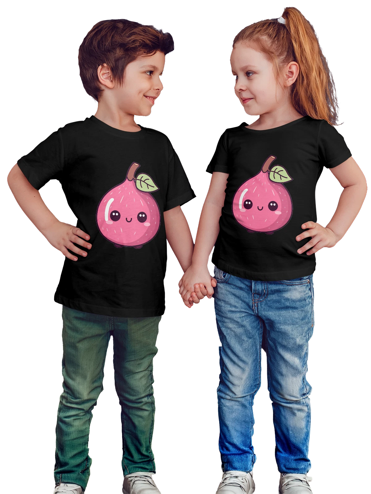 Футболка детская Милая розовая фига с зеленым листиком чёрная с принтом — kawaii фрукт — Чёрная, фото 1