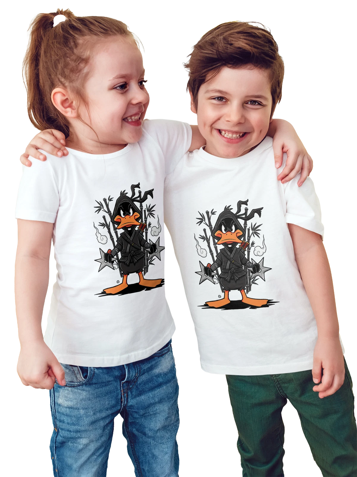 Футболка детская Утка-ниндзя Ninja Duck мультфильм воин белая с принтом — черный плащ — Белая, фото 1