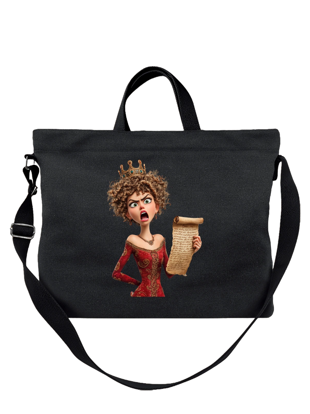 Сумка чёрная с принтом Сердитая королева с короной и свитком — исторический стиль — Чёрная, фото 1