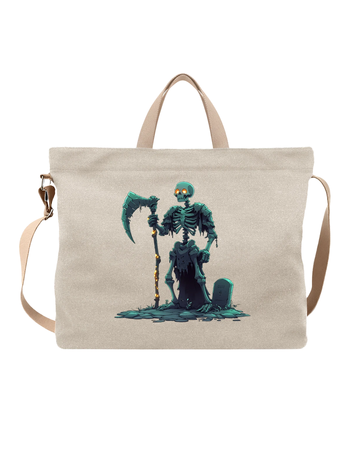 Сумка бежевая с принтом Grim reaper skeleton с косой на кладбище — тёмная иллюстрация — Бежевая, фото 1