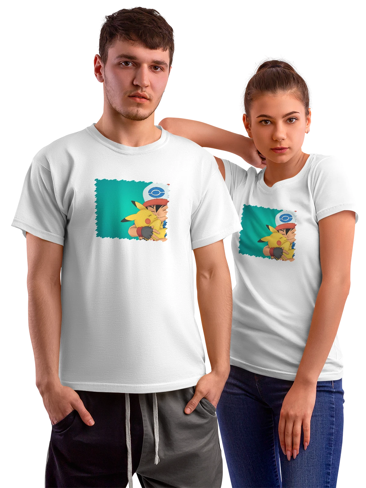 Футболка Anime Pikachu Ash Ketchum белая с принтом — динамичный герой — Белая, фото 1