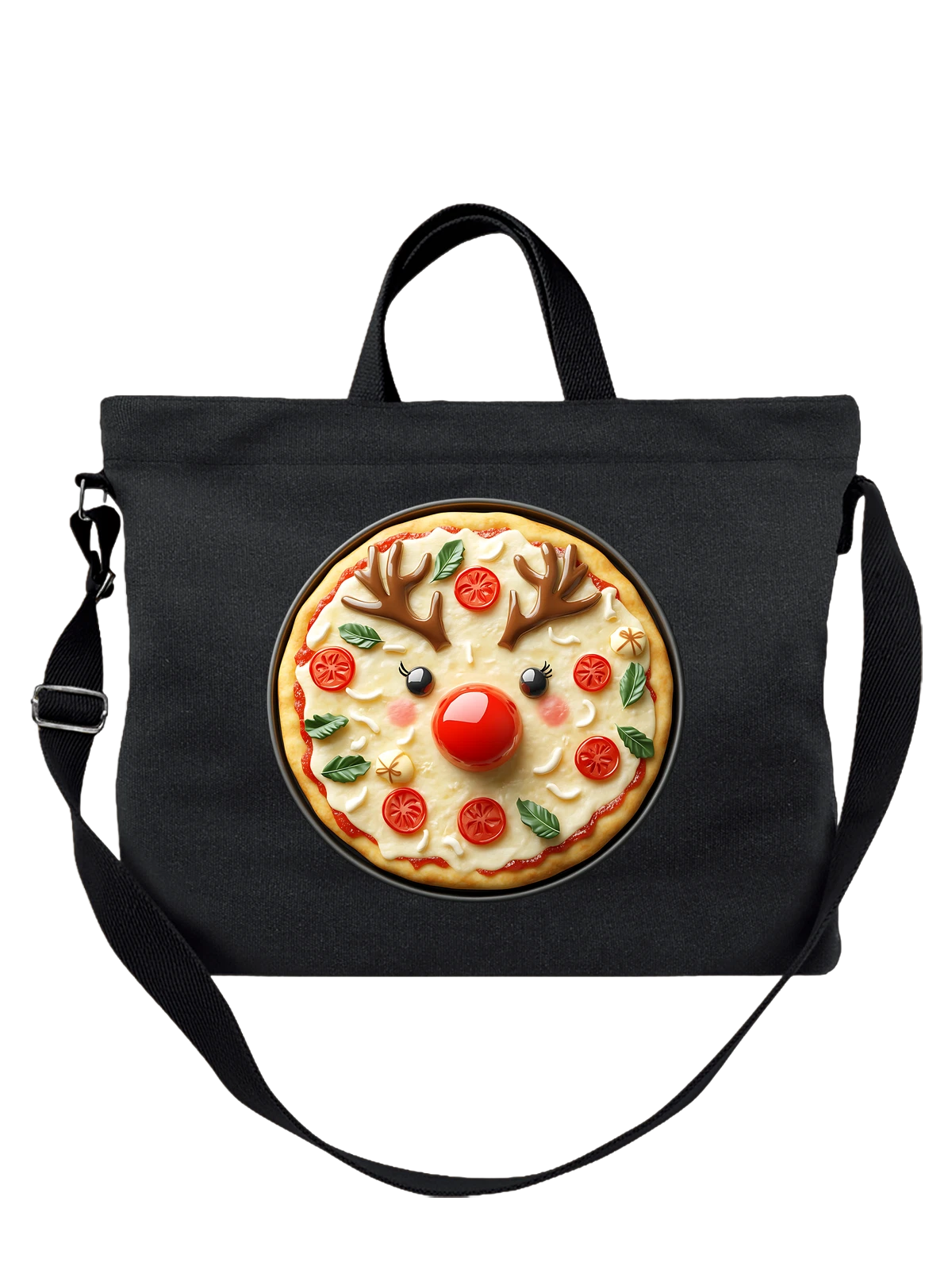 Сумка Пицца-олень с красным носом чёрная с принтом — cheesy pizza — Чёрная, фото 1