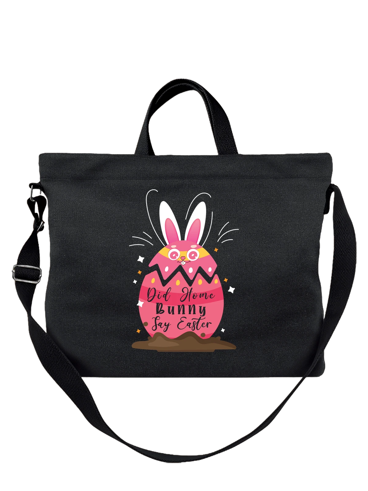 Сумка чёрная с принтом Розовый мультяшный кролик в яйце — easter rabbit — Чёрная, фото 1