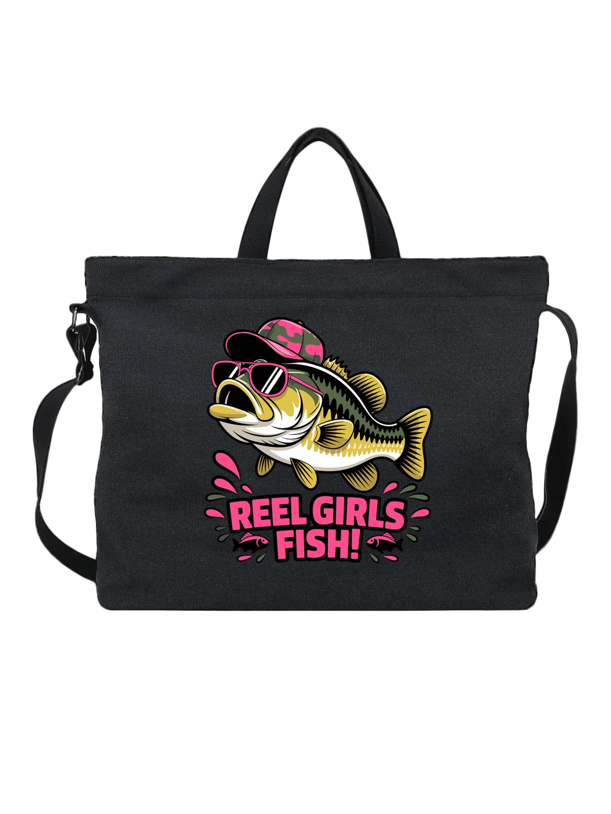 Сумка чёрная с принтом Largemouth bass в очках и кепке REEL GIRLS FISH — fishing theme — Чёрная, фото 1