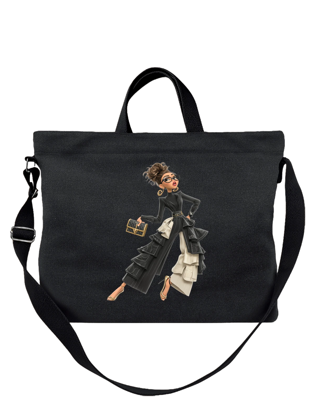 Сумка чёрная с принтом Стильная женщина в черном костюме с очками — chic outfit — Чёрная, фото 1
