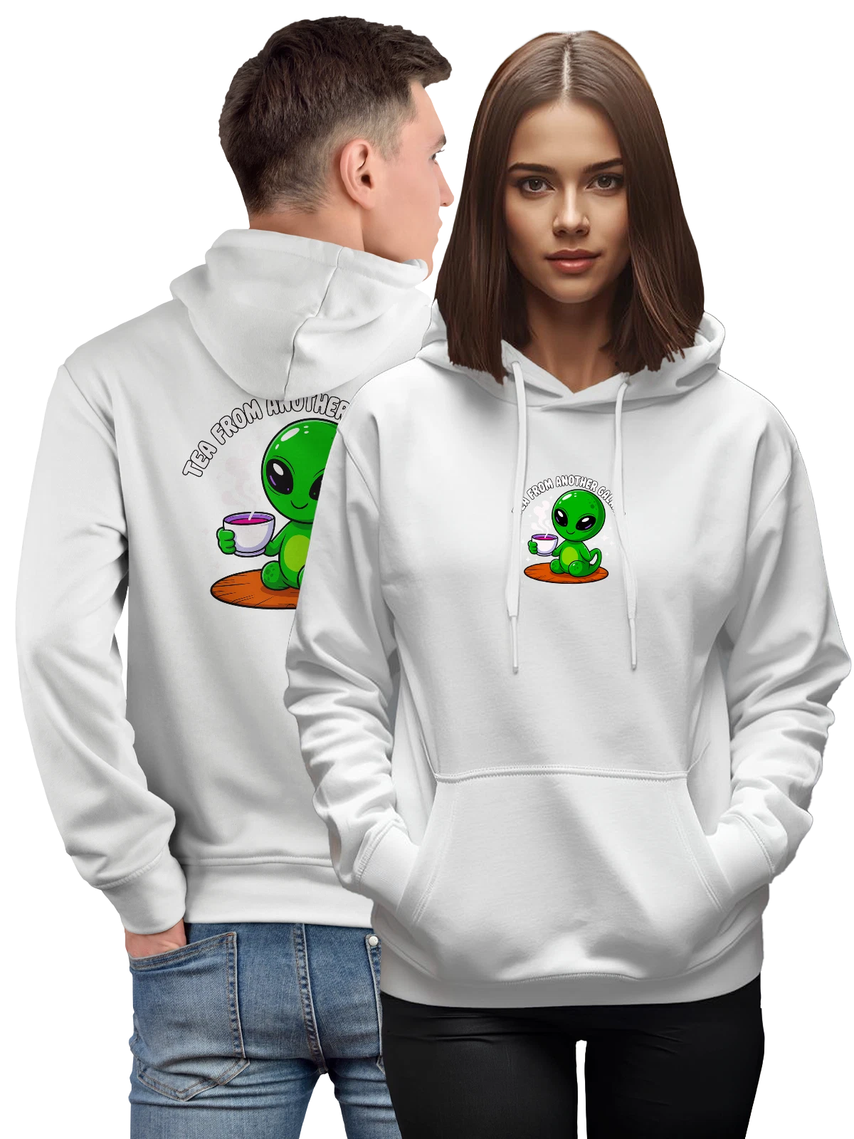 Худи Зеленый инопланетянин с чашкой чая белое с принтом — пар от чая — Белая, фото 1