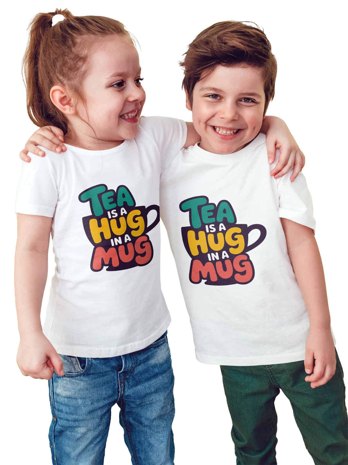Футболка детская с чашкой Tea is a Hug in Mug белая с принтом — кружка — Белая, фото 1