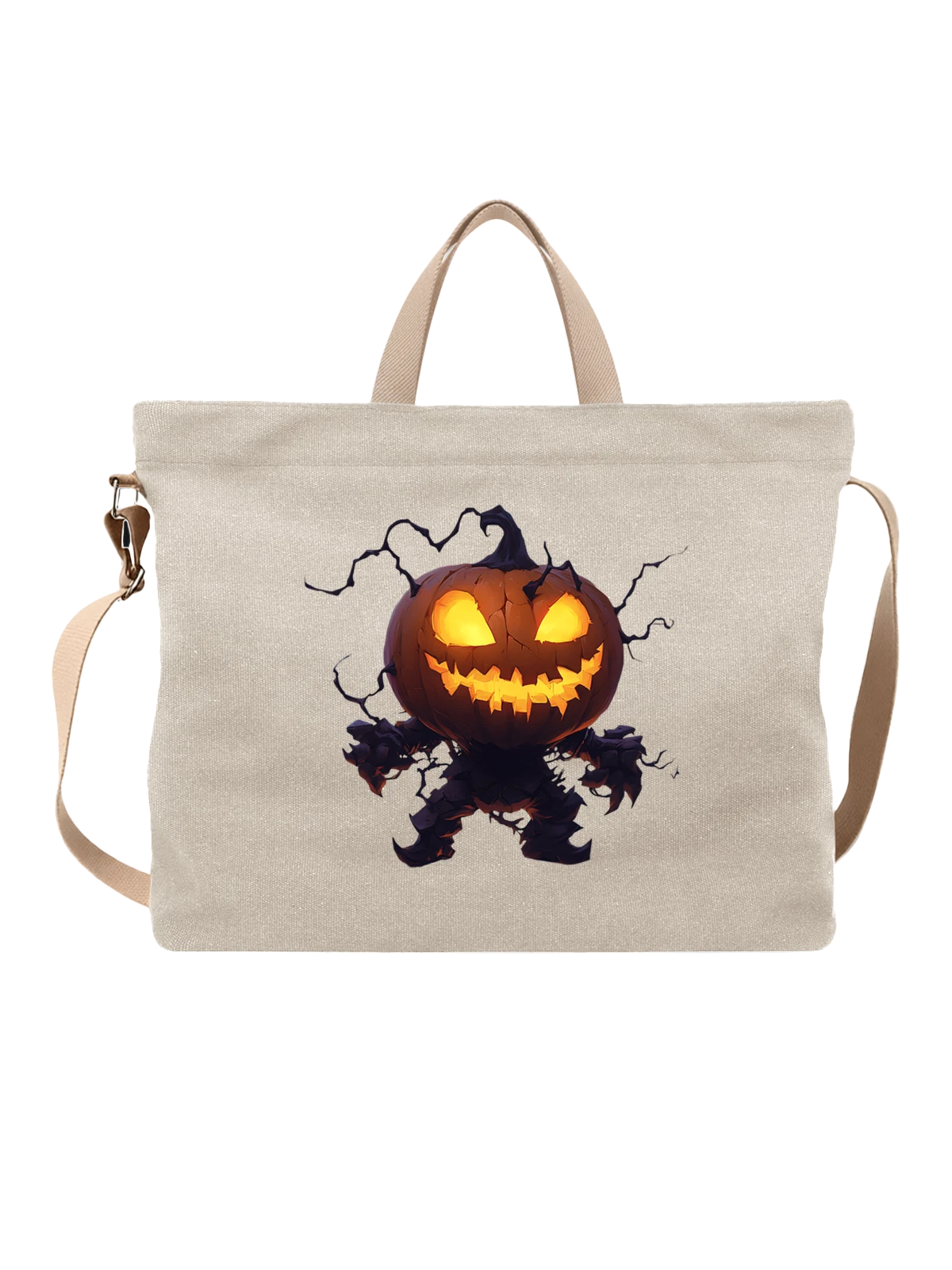 Сумка бежевая с принтом Jack-o'-lantern светящаяся тыква — pumpkin monster — Бежевая, фото 1