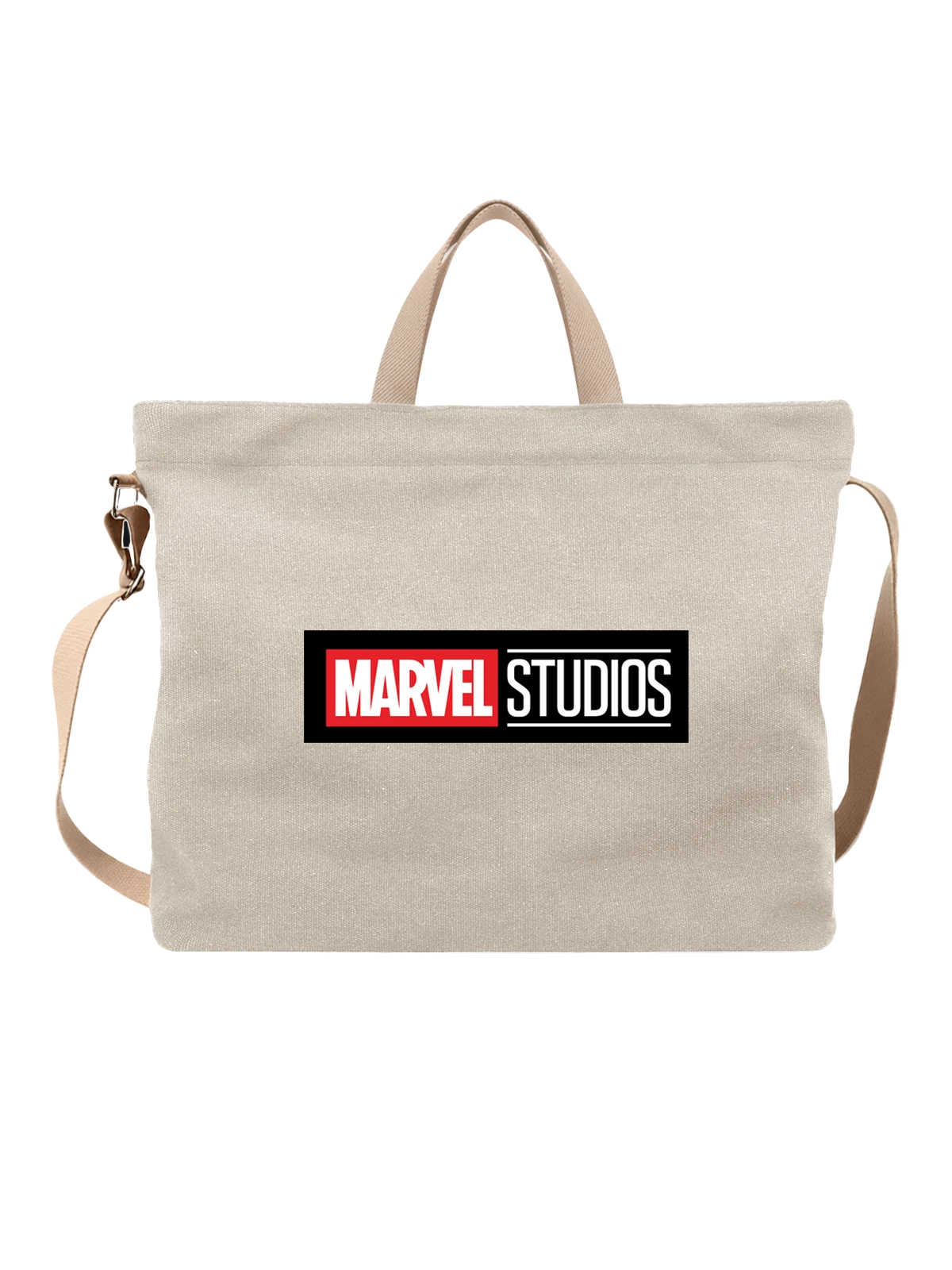 Сумка бежевая с принтом Marvel Studios логотип белый на черном — супергеройское кино — Бежевая, фото 1