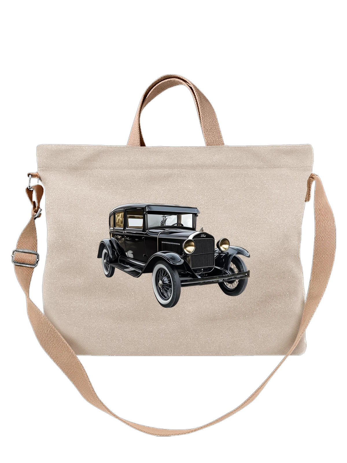 Сумка бежевая с принтом Ретро автомобиль Ford Model A черный седан — круглая фара — Бежевая, фото 1