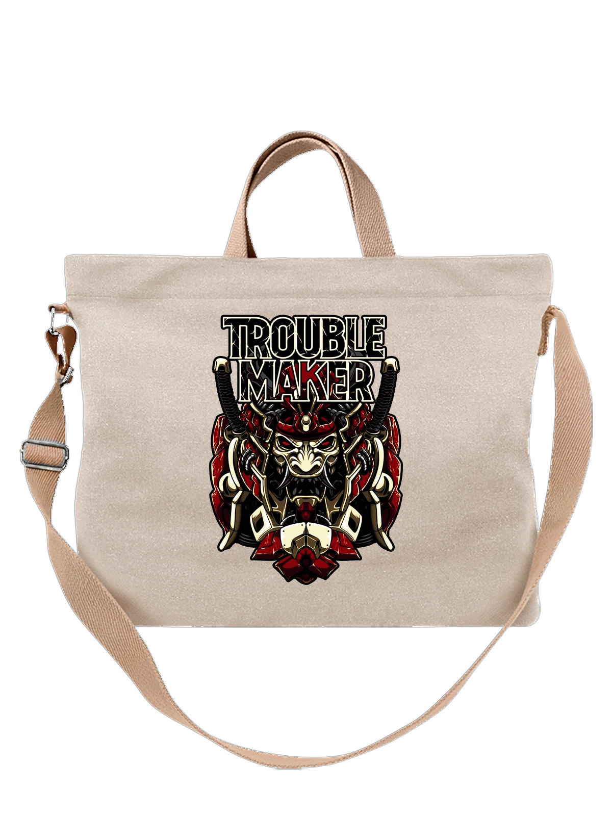 Сумка бежевая с принтом Самурайский демон с надписью Trouble Maker — рога — Бежевая, фото 1