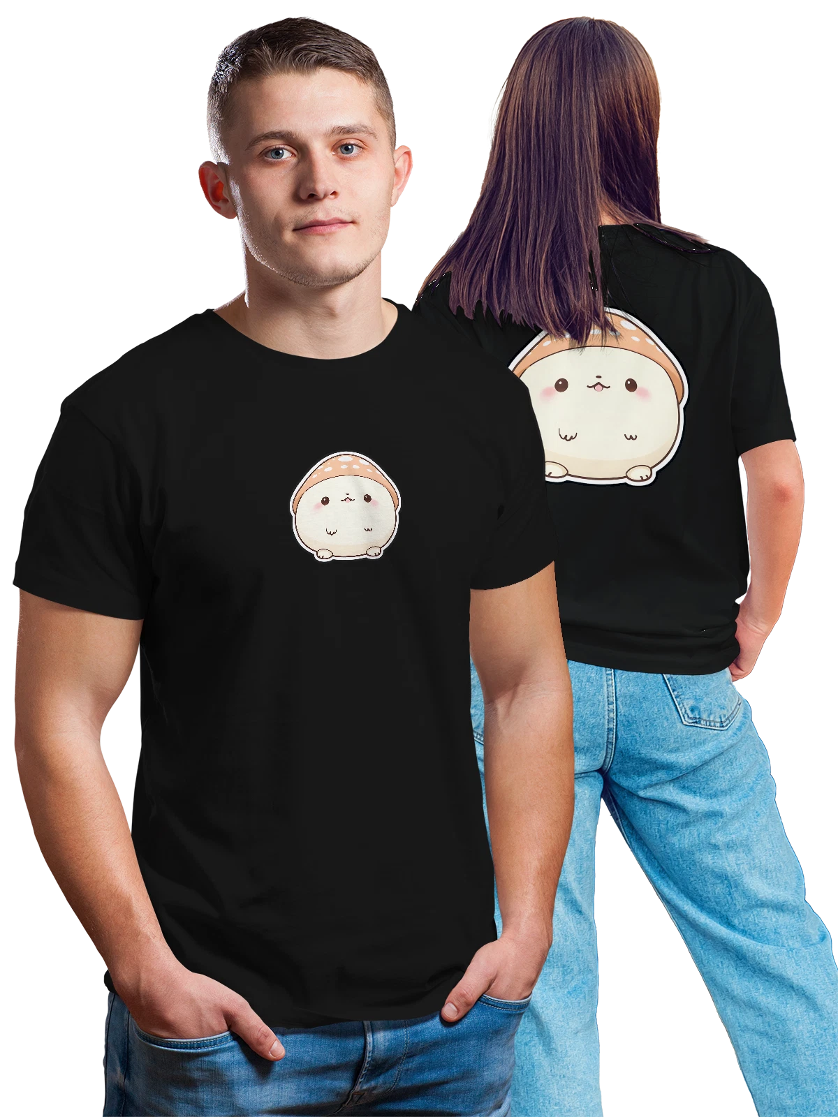 Футболка Милый гриб бежевый кавайный персонаж чёрная с принтом на спине — kawaii mushroom — Чёрная, фото 1