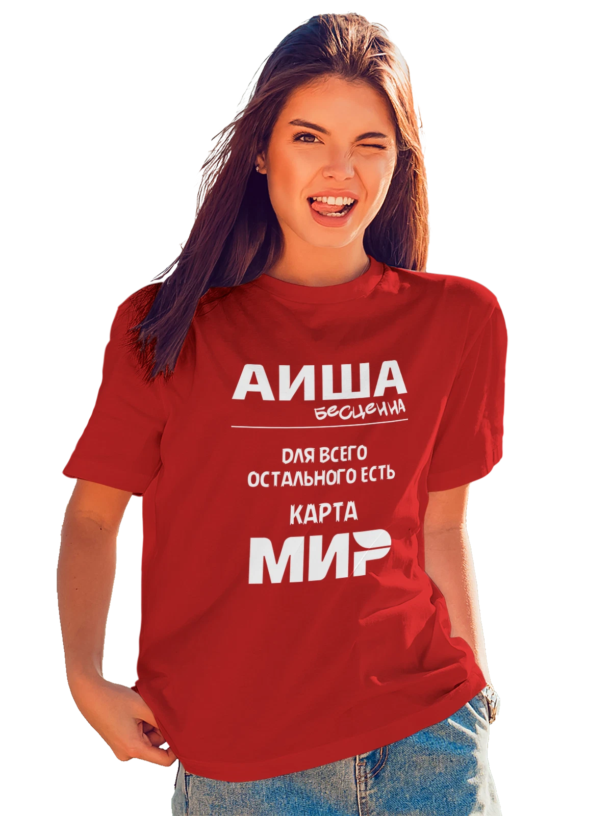 Футболка с именем Аиша красная с принтом — персональный подарок — Красная, фото 1