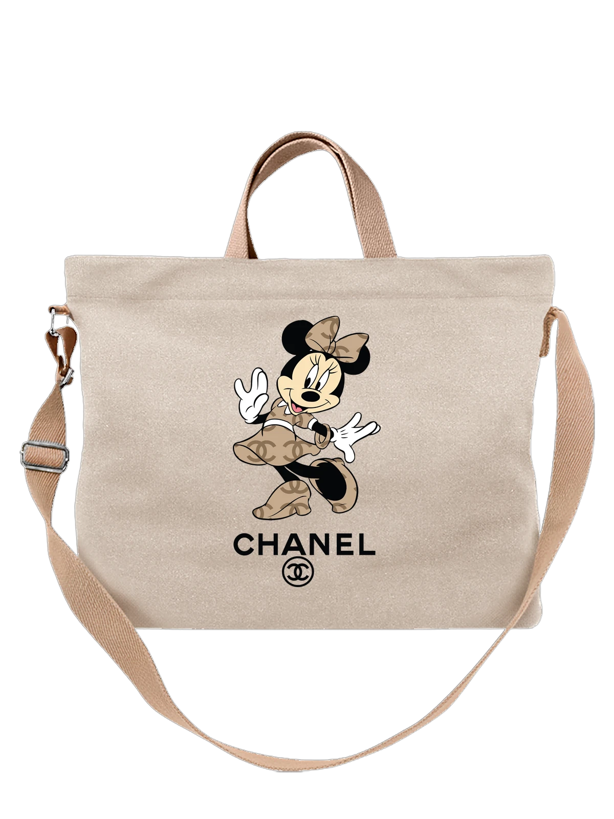 Сумка бежевая с принтом Minnie Mouse Минни Маус в коричневом банте и платье — белые перчатки — Бежевая, фото 1